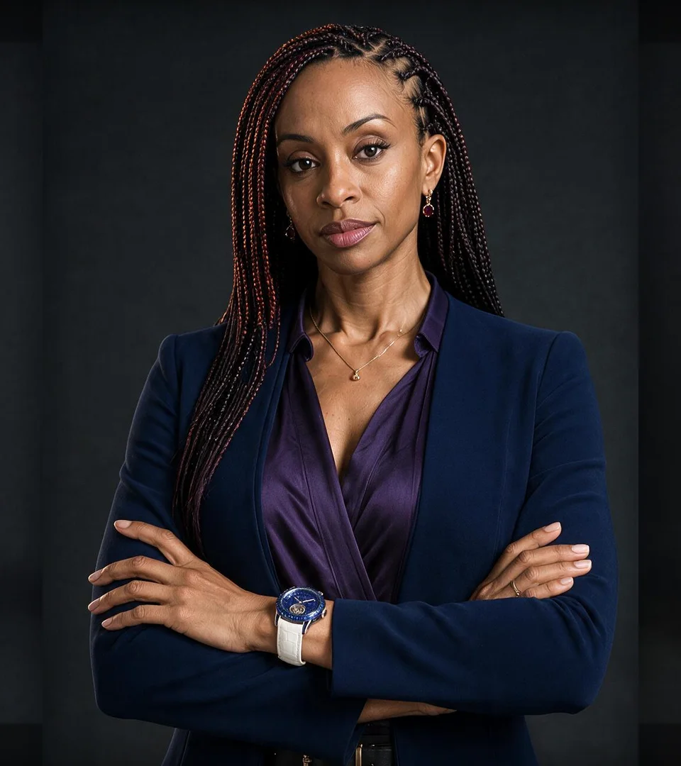 Anastasia Vesper in a navy suit and deep violet blouse.