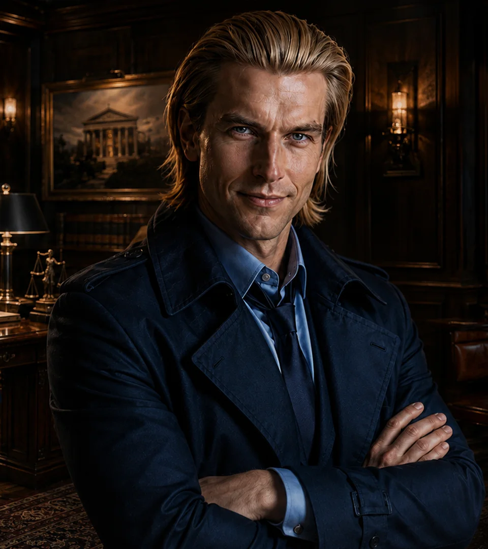 Thomas Supero in a tailored navy suit and overcoat in his office.