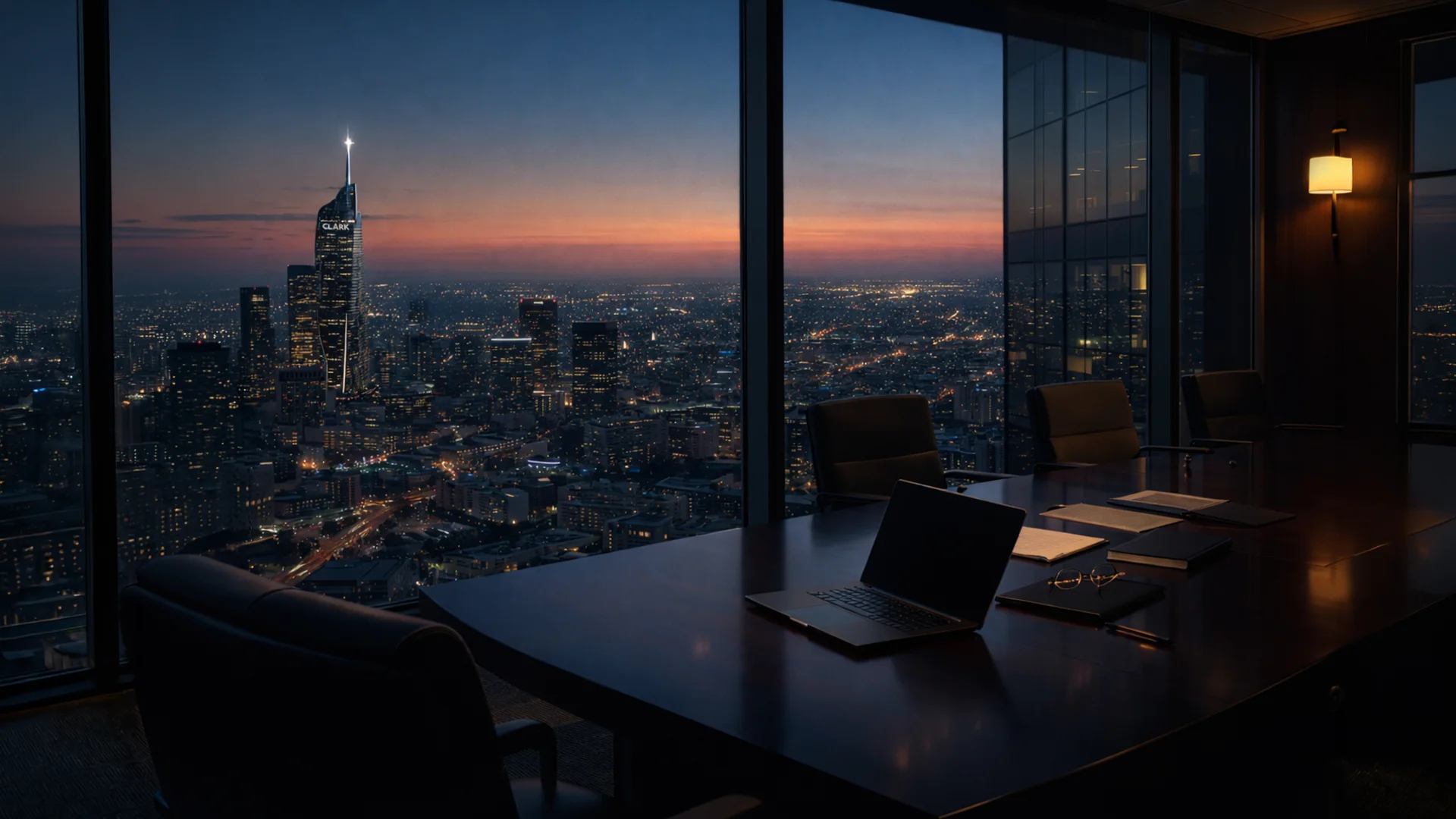 Century City law office conference room overlooking the Los Angeles skyline at dusk.