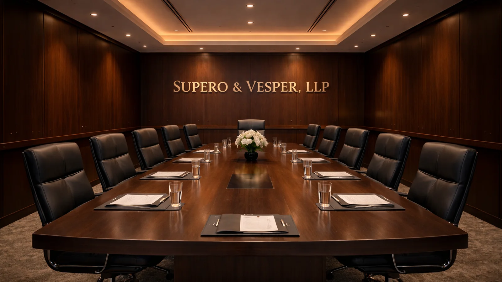Conference room at Supero & Vesper, LLP with a large table and skyline views.
