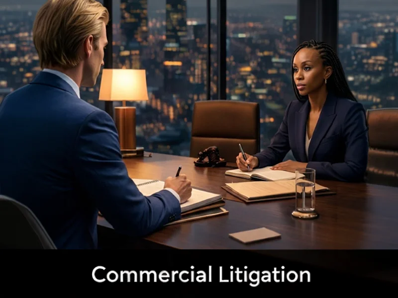 City skyline and high-rise offices reflecting in glass, symbolizing corporate disputes.